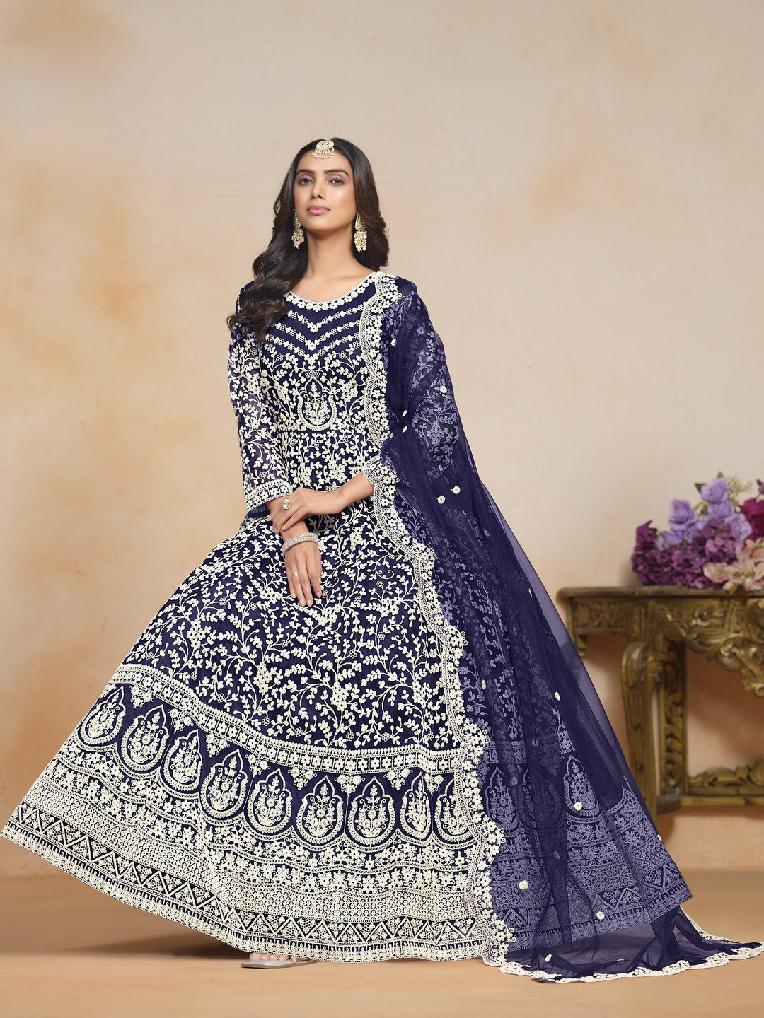 Blue Color Net Santool With Embroidery Work Dress And Dupatta