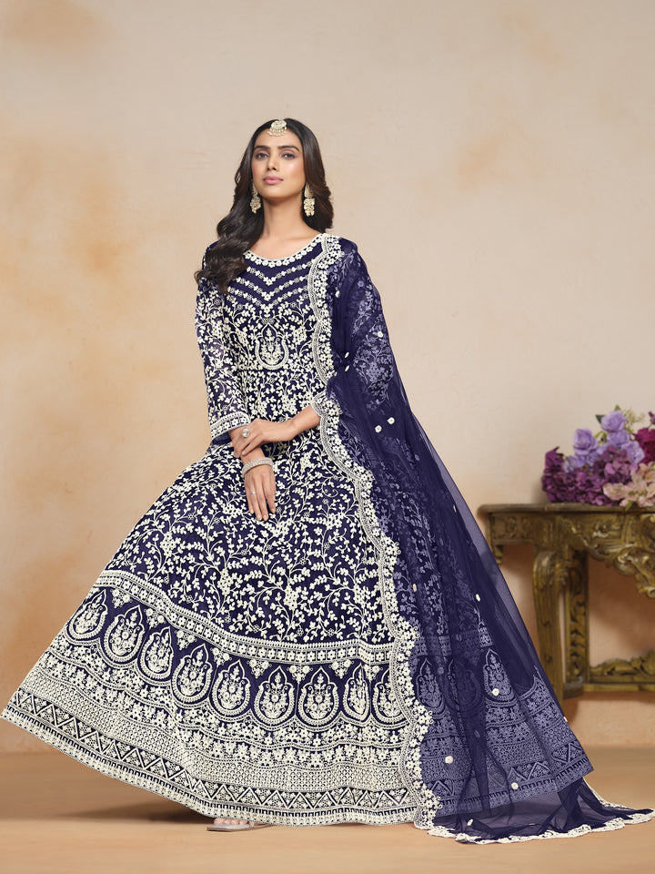 Blue Color Net Santool With Embroidery Work Dress And Dupatta