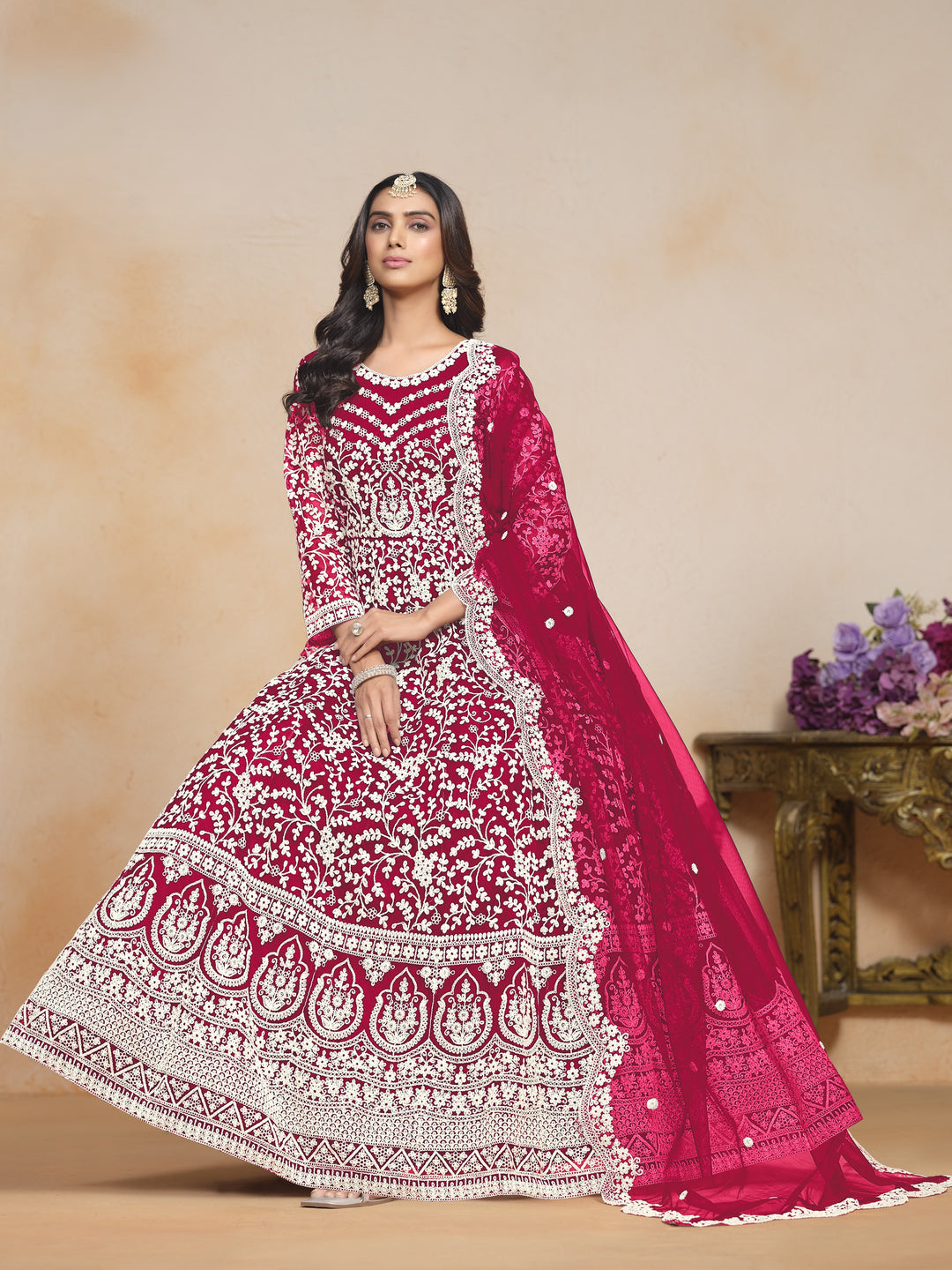 Pink Color Net Santool With Embroidery Work Dress And Dupatta