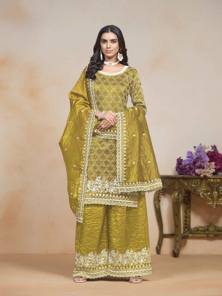Mehendi Color Gold Cursh With Embroidery And Sequins Work Top And Plazo