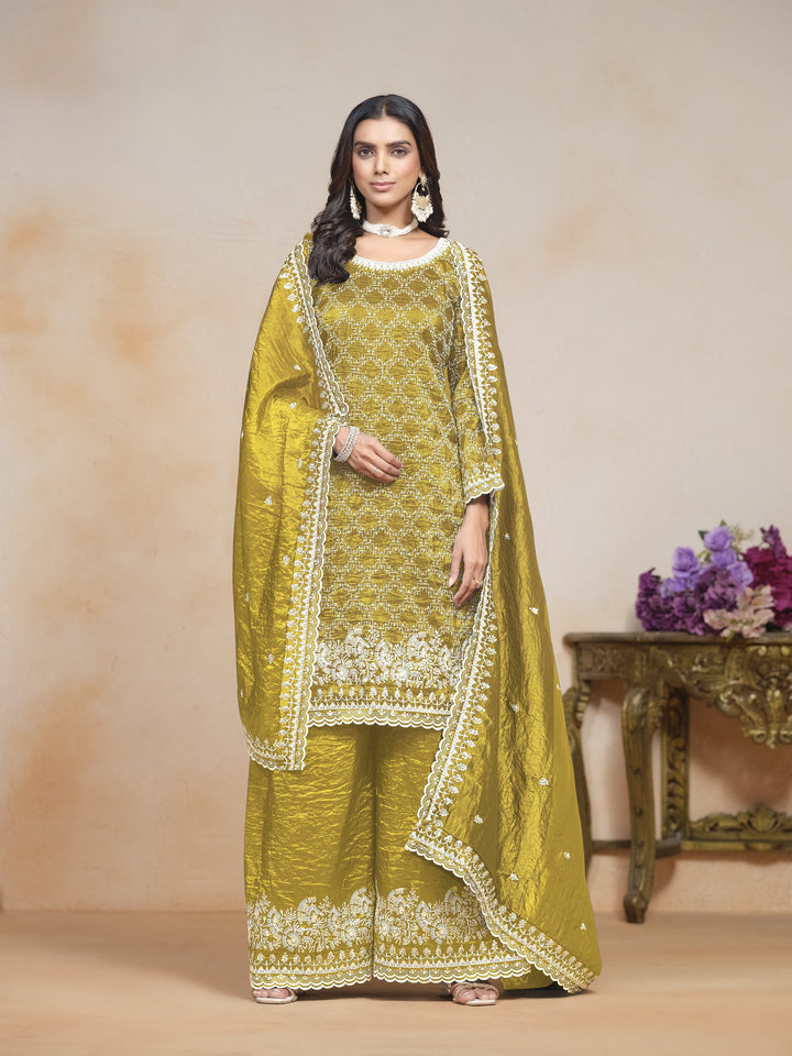 Mehendi Color Gold Cursh With Embroidery And Sequins Work Top And Plazo