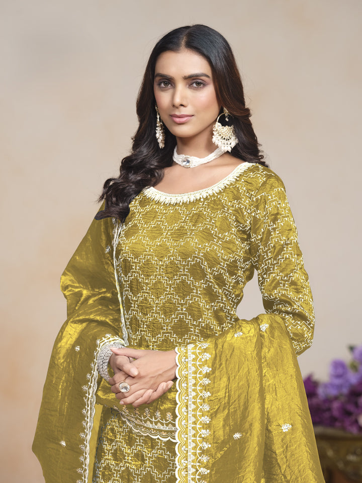 Mehendi Color Gold Cursh With Embroidery And Sequins Work Top And Plazo