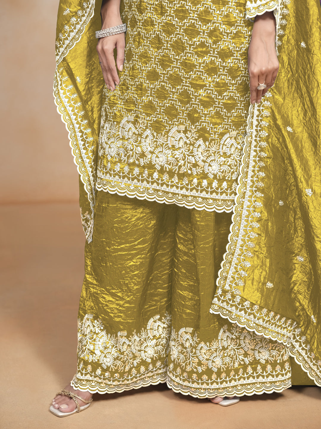 Mehendi Color Gold Cursh With Embroidery And Sequins Work Top And Plazo
