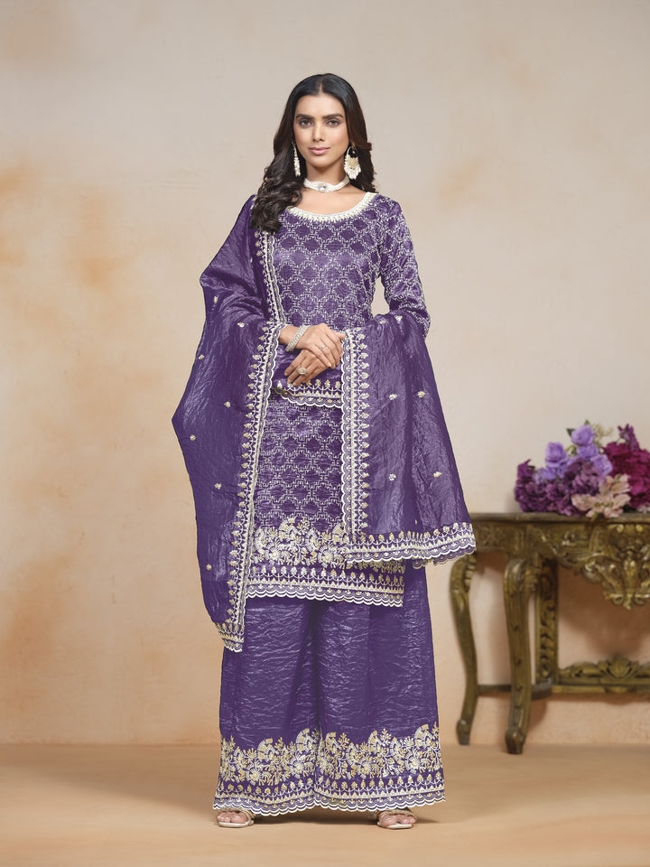 Blue Color Gold Cursh With Embroidery And Sequins Work Top And Plazo