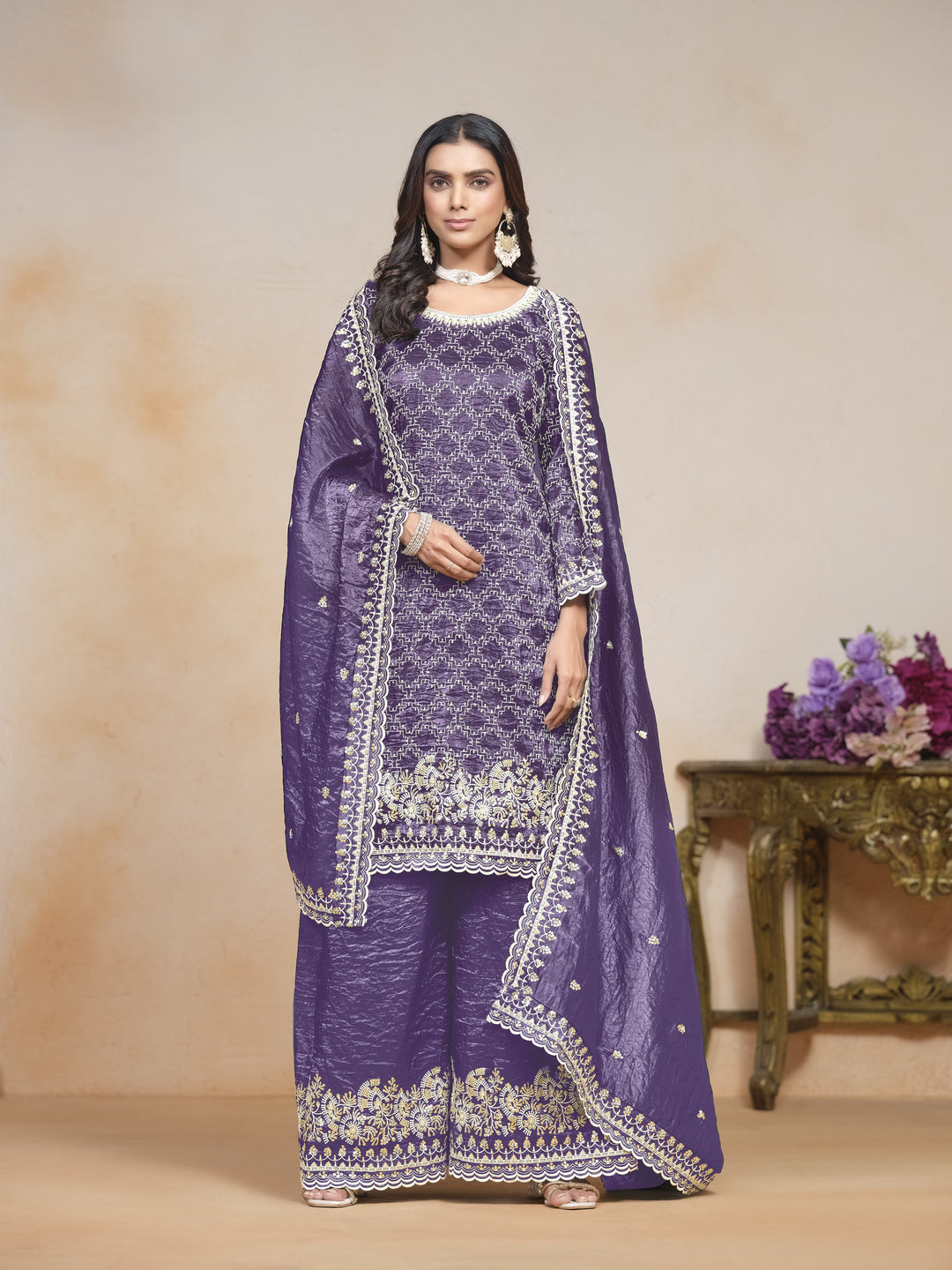 Blue Color Gold Cursh With Embroidery And Sequins Work Top And Plazo