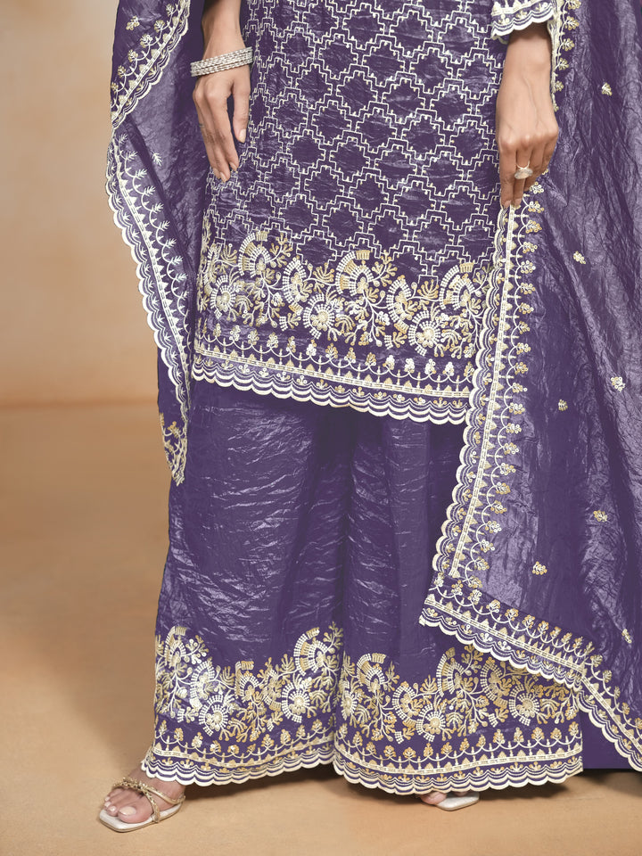 Blue Color Gold Cursh With Embroidery And Sequins Work Top And Plazo