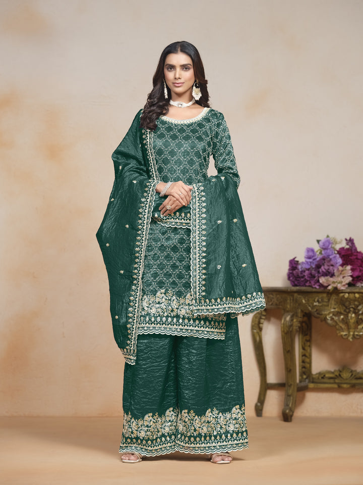 Dark Green Color Gold Cursh With Embroidery And Sequins Work Top And Plazo
