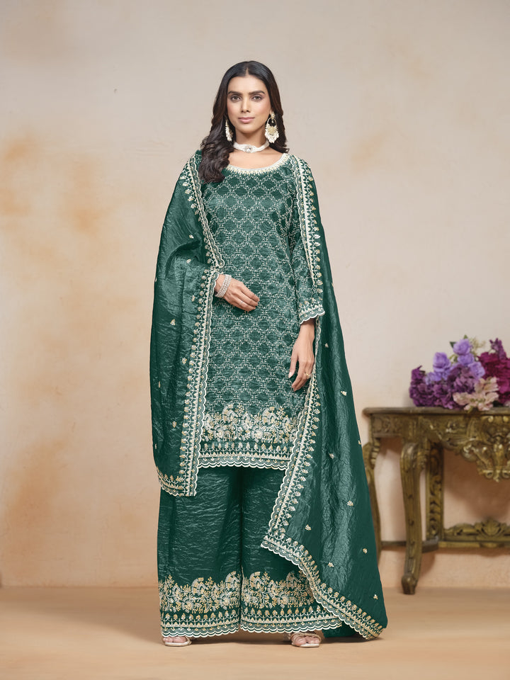 Dark Green Color Gold Cursh With Embroidery And Sequins Work Top And Plazo