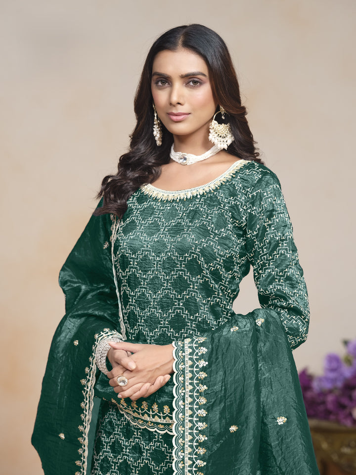 Dark Green Color Gold Cursh With Embroidery And Sequins Work Top And Plazo