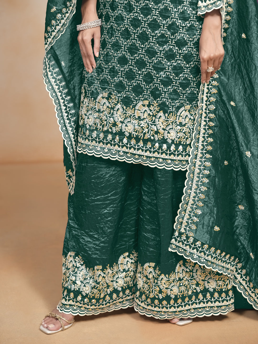 Dark Green Color Gold Cursh With Embroidery And Sequins Work Top And Plazo