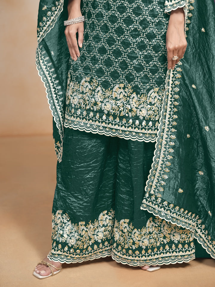 Dark Green Color Gold Cursh With Embroidery And Sequins Work Top And Plazo