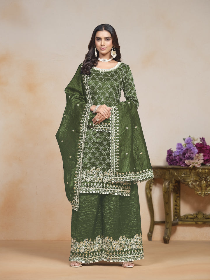 Green Color Gold Cursh With Embroidery And Sequins Work Top And Plazo