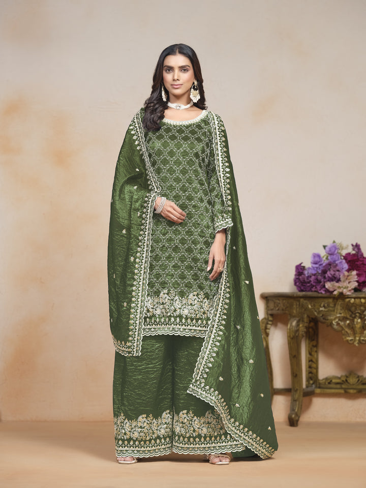 Green Color Gold Cursh With Embroidery And Sequins Work Top And Plazo
