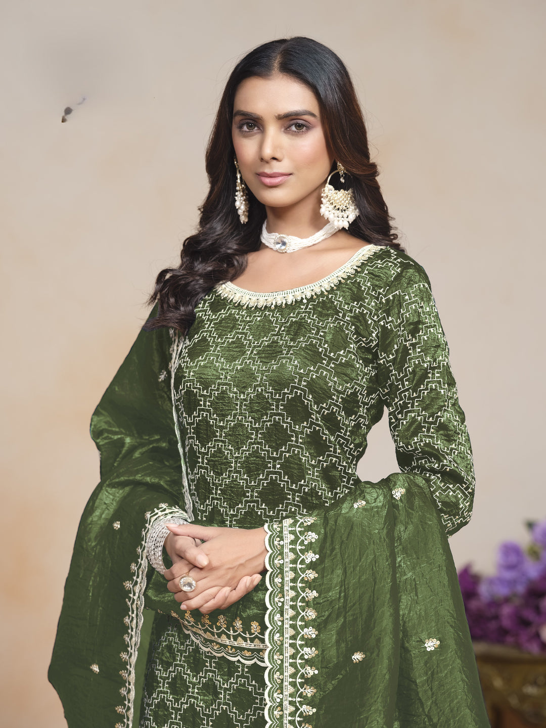 Green Color Gold Cursh With Embroidery And Sequins Work Top And Plazo
