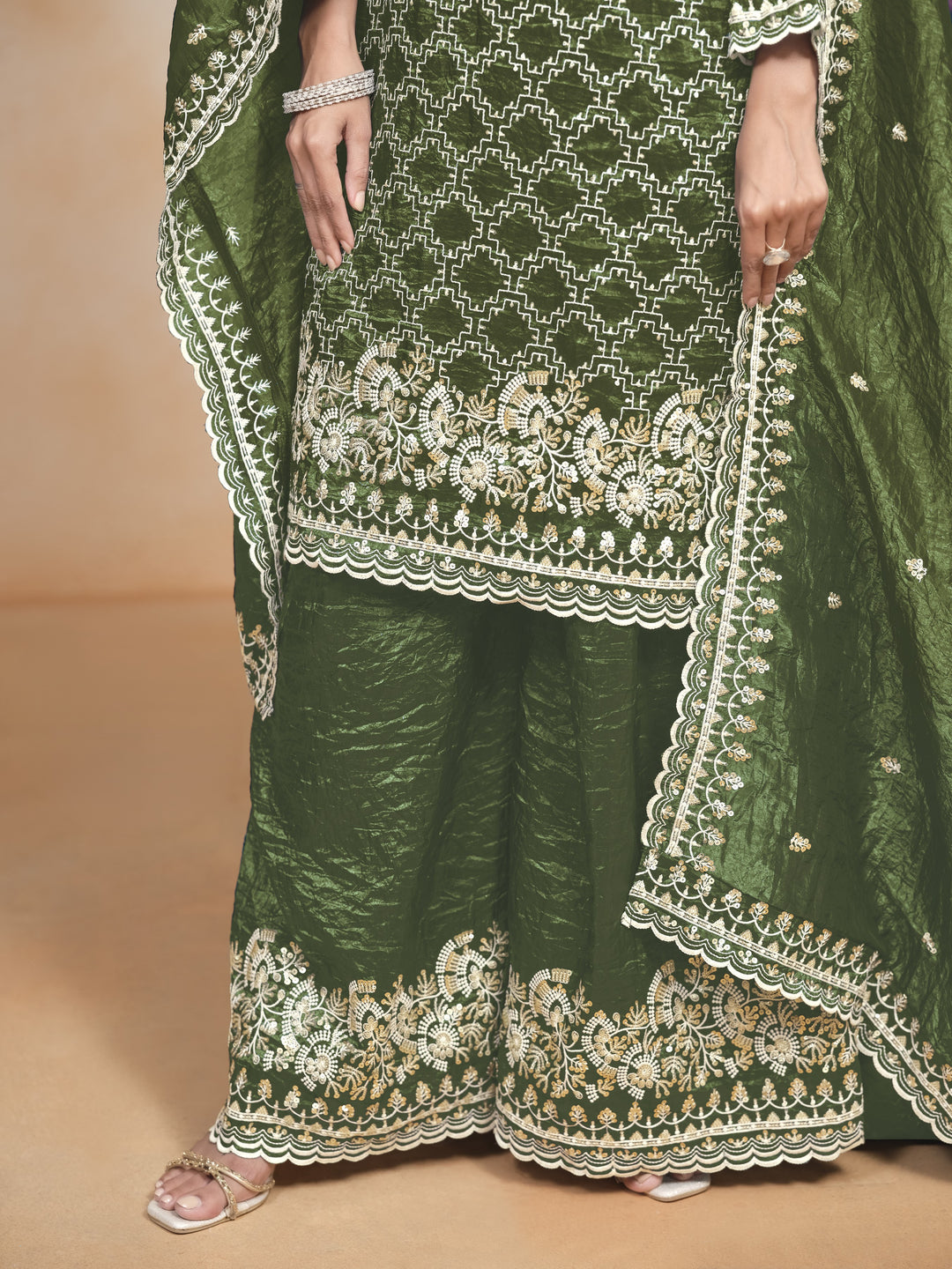 Green Color Gold Cursh With Embroidery And Sequins Work Top And Plazo