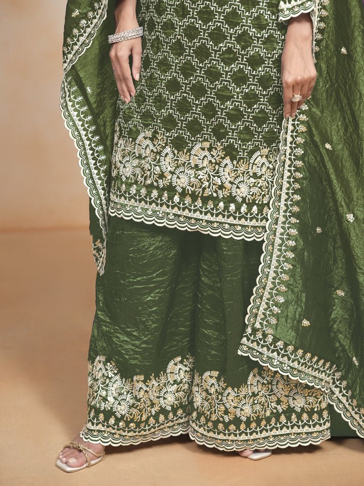Green Color Gold Cursh With Embroidery And Sequins Work Top And Plazo