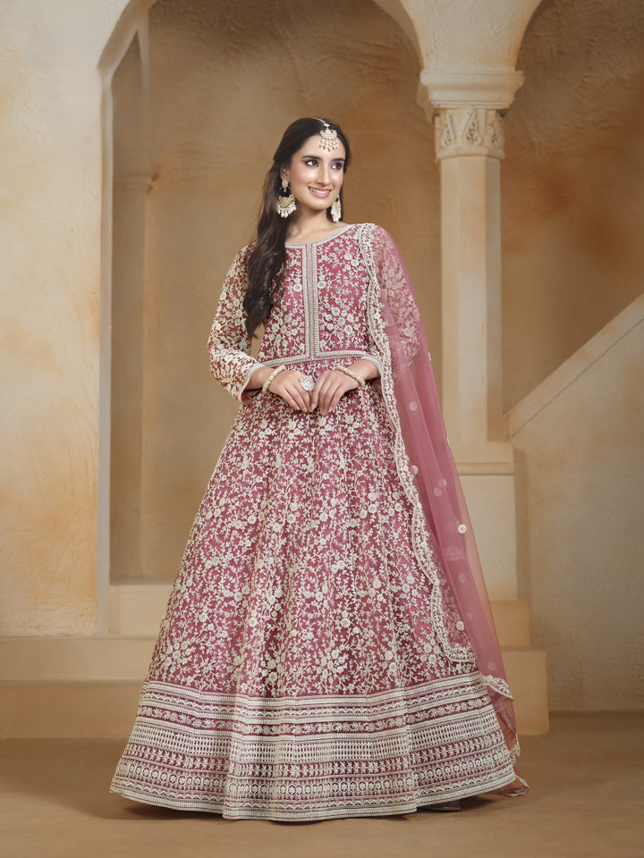 Pink Color Net Santool With Embroidery Work Anarkali Dress