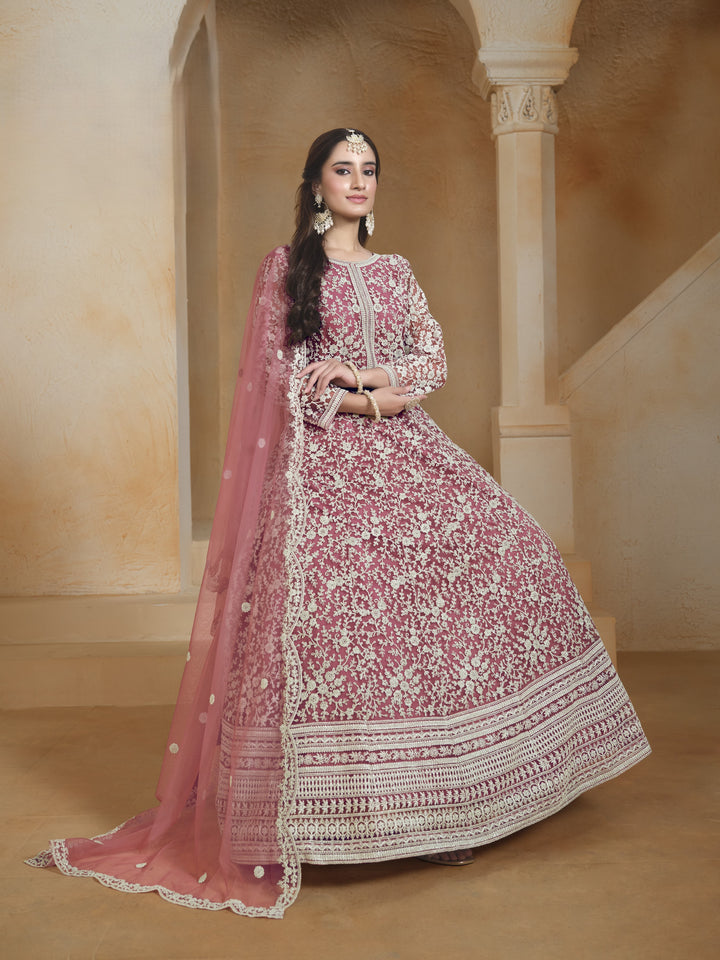 Pink Color Net Santool With Embroidery Work Anarkali Dress
