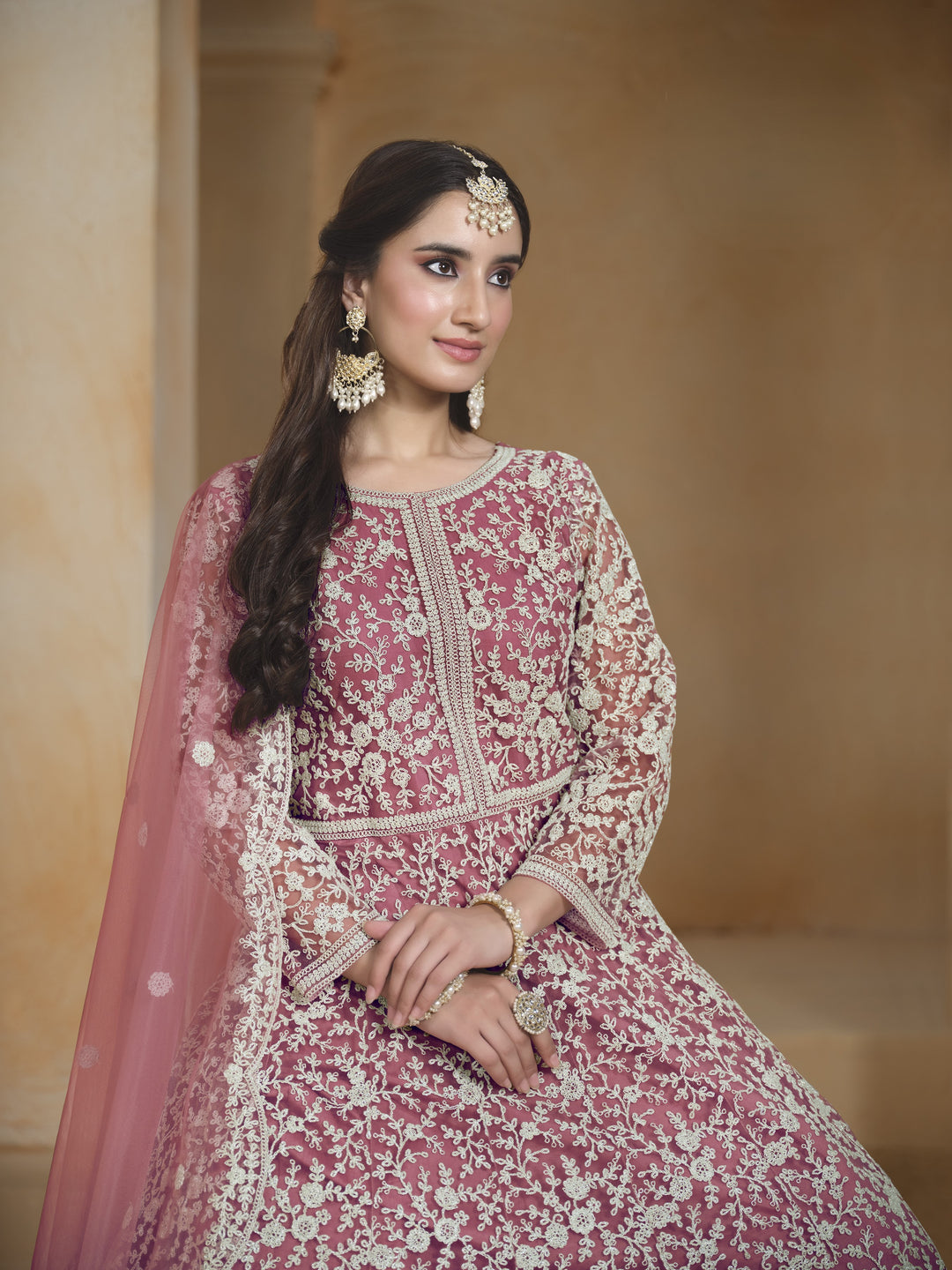 Pink Color Net Santool With Embroidery Work Anarkali Dress