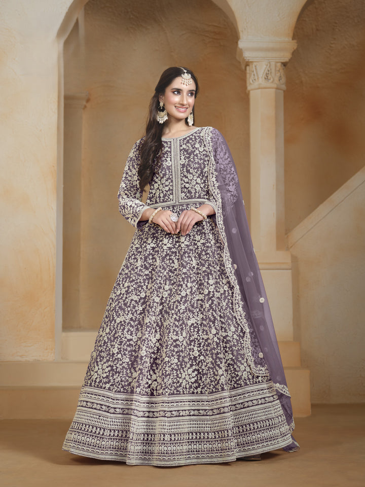 Gray Color Net Santool With Embroidery Work Anarkali Dress