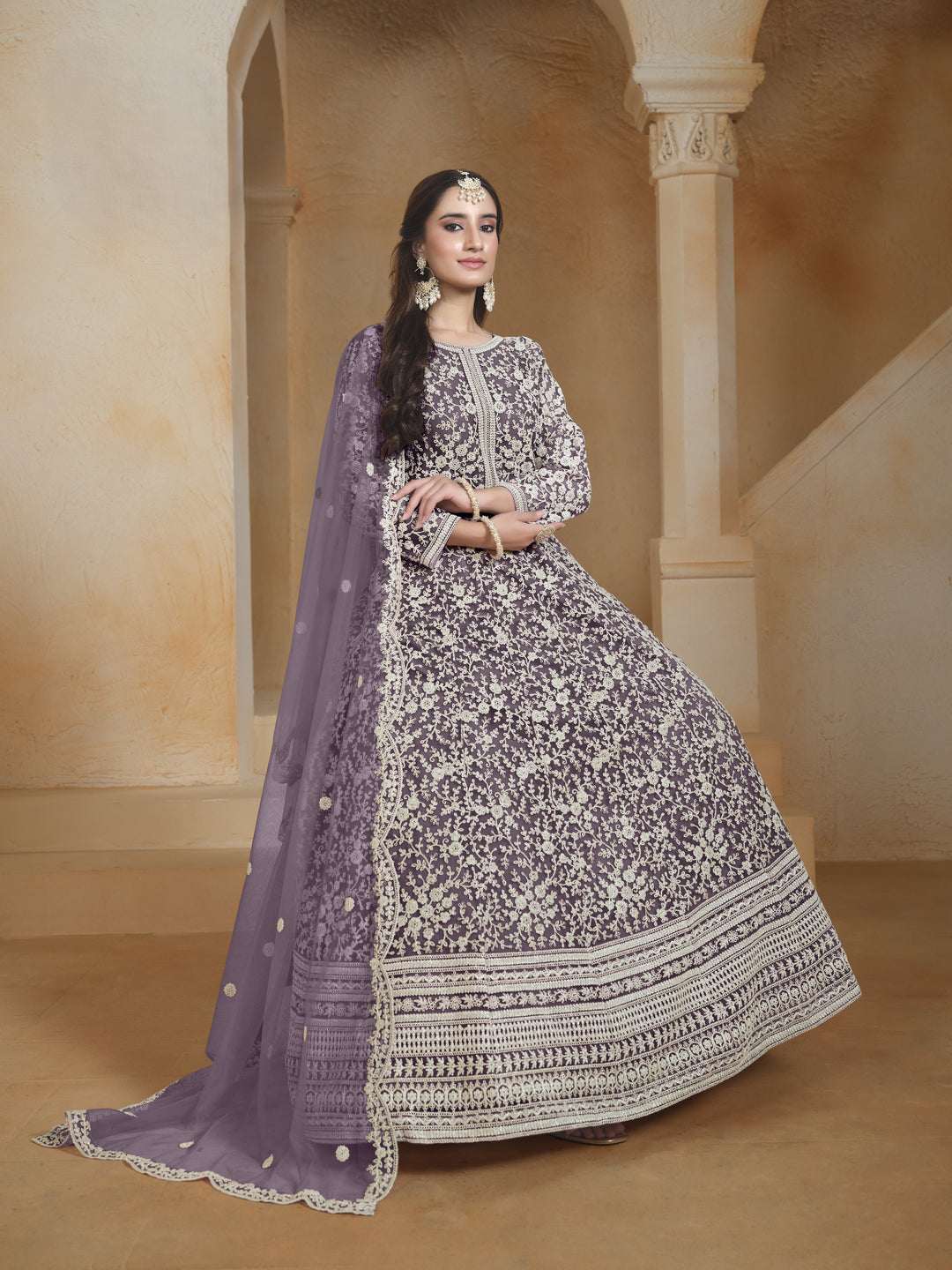 Gray Color Net Santool With Embroidery Work Anarkali Dress