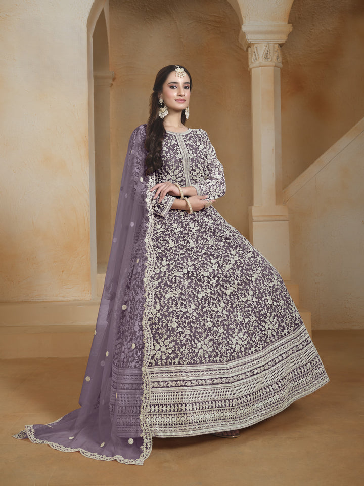 Gray Color Net Santool With Embroidery Work Anarkali Dress
