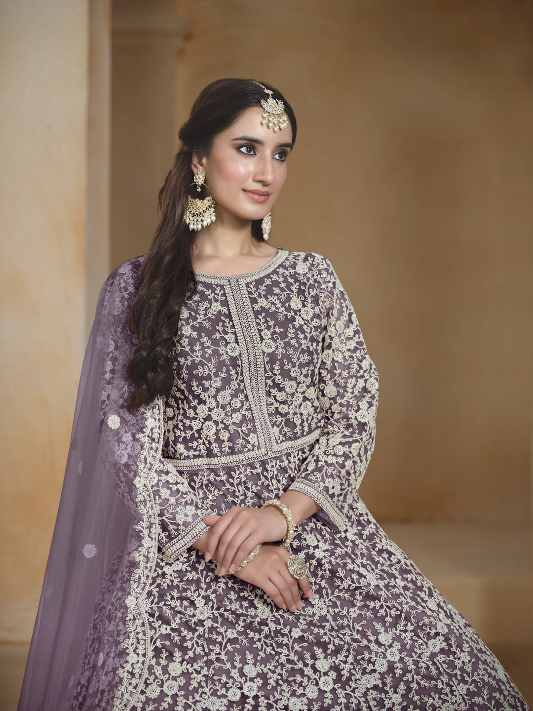 Gray Color Net Santool With Embroidery Work Anarkali Dress