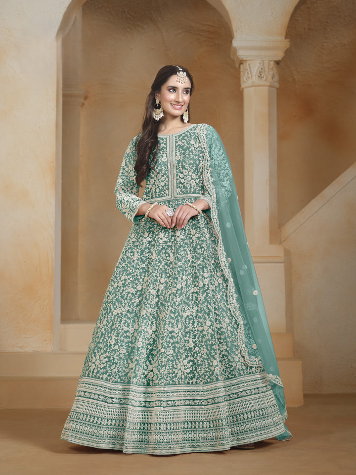 Sea Green Color Net Santool With Embroidery Work Anarkali Dress
