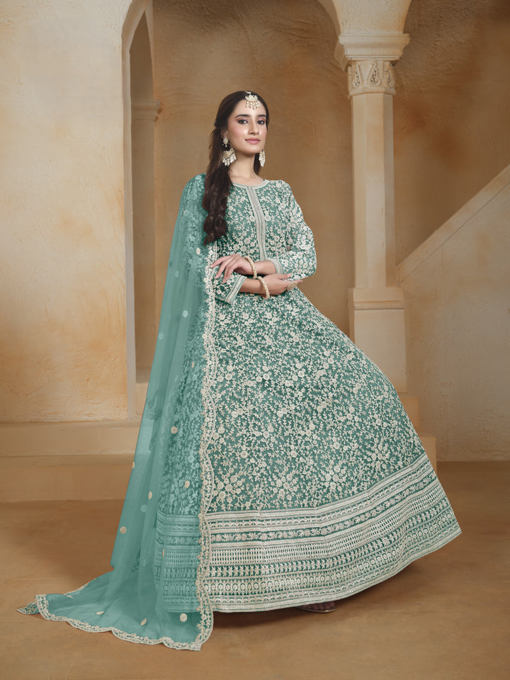 Sea Green Color Net Santool With Embroidery Work Anarkali Dress