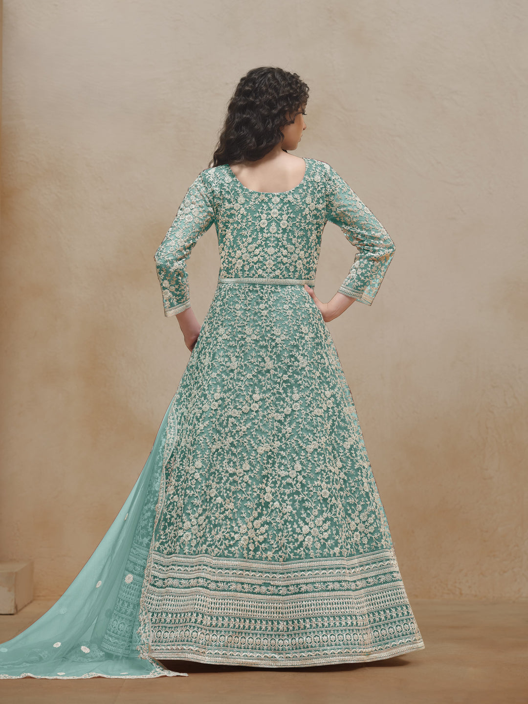 Sea Green Color Net Santool With Embroidery Work Anarkali Dress