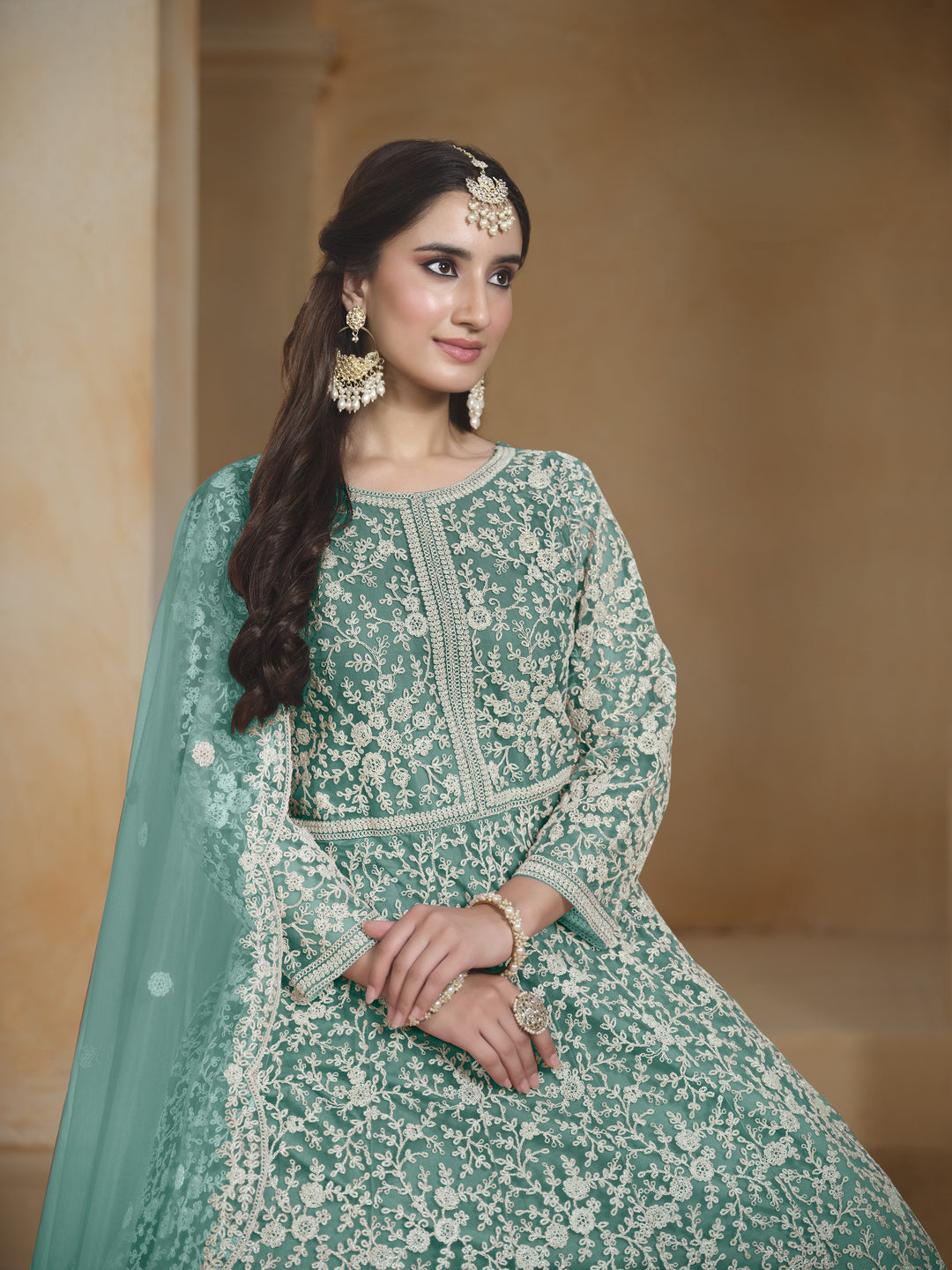 Sea Green Color Net Santool With Embroidery Work Anarkali Dress