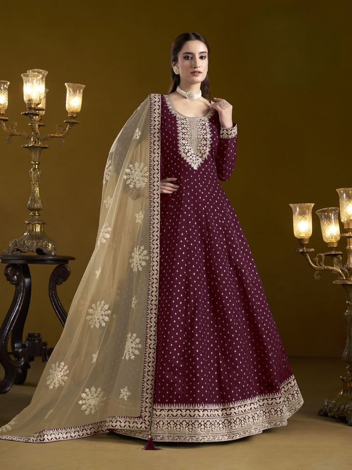 Maroon Color Chanderi Butti With Embroidery Work Anarkali Dress