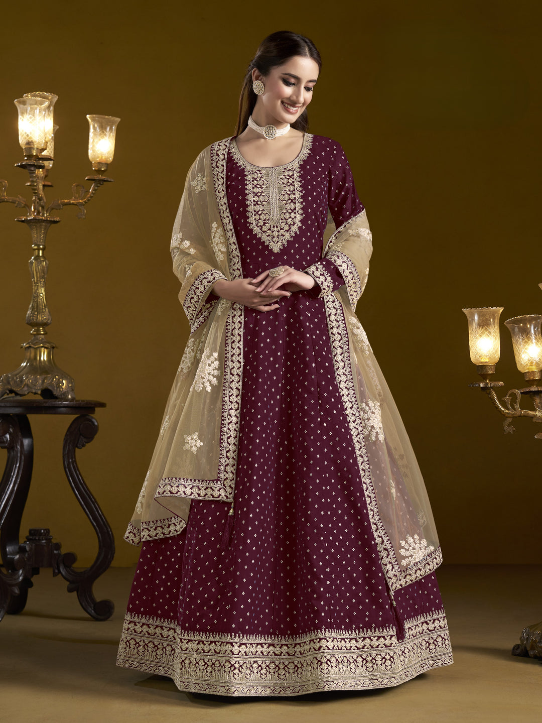 Maroon Color Chanderi Butti With Embroidery Work Anarkali Dress