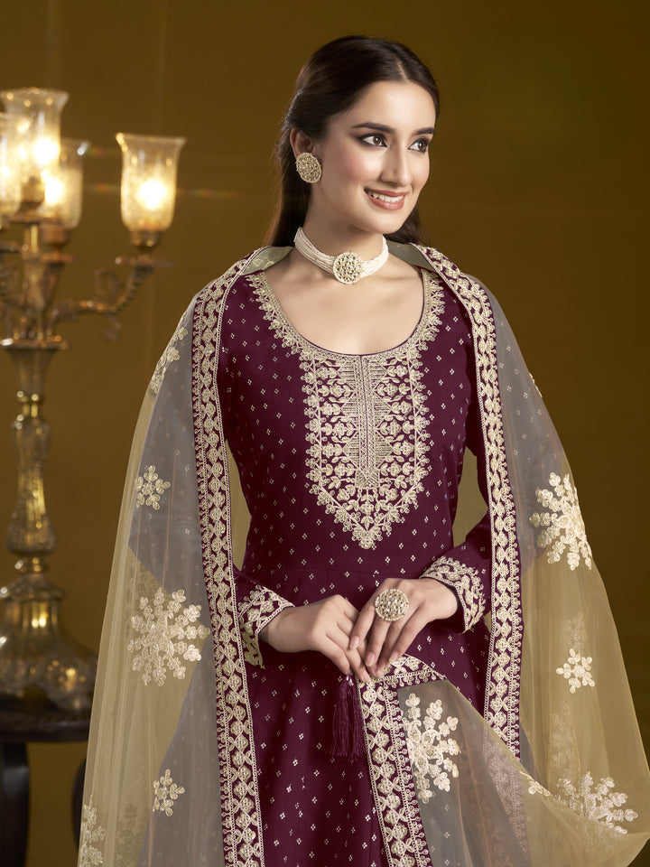 Maroon Color Chanderi Butti With Embroidery Work Anarkali Dress