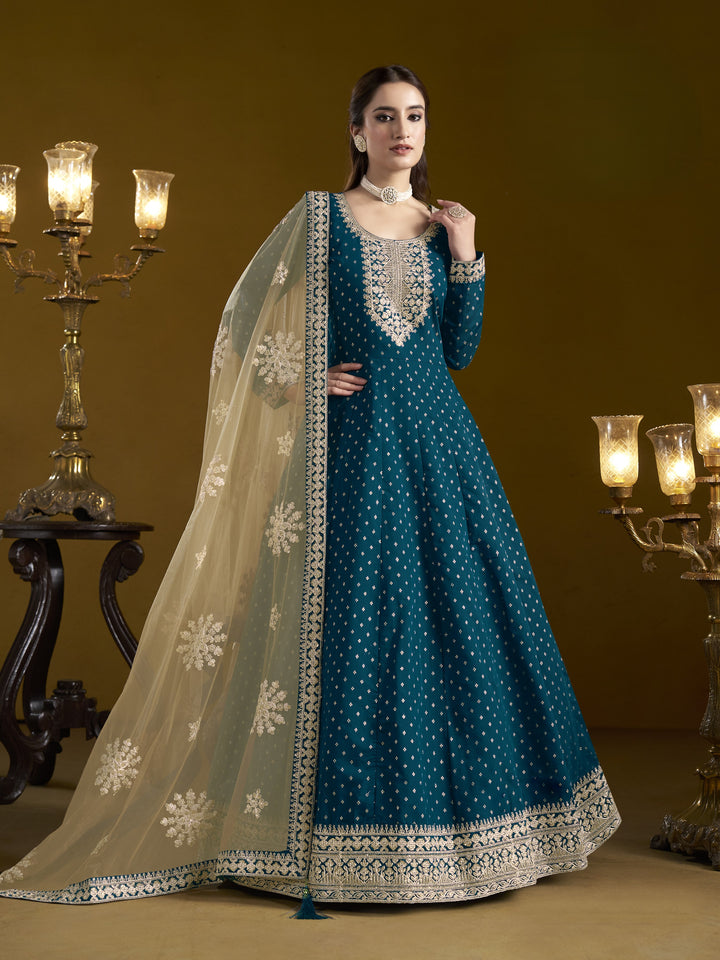 Teal Blue Color Chanderi Butti With Embroidery Work Anarkali Dress