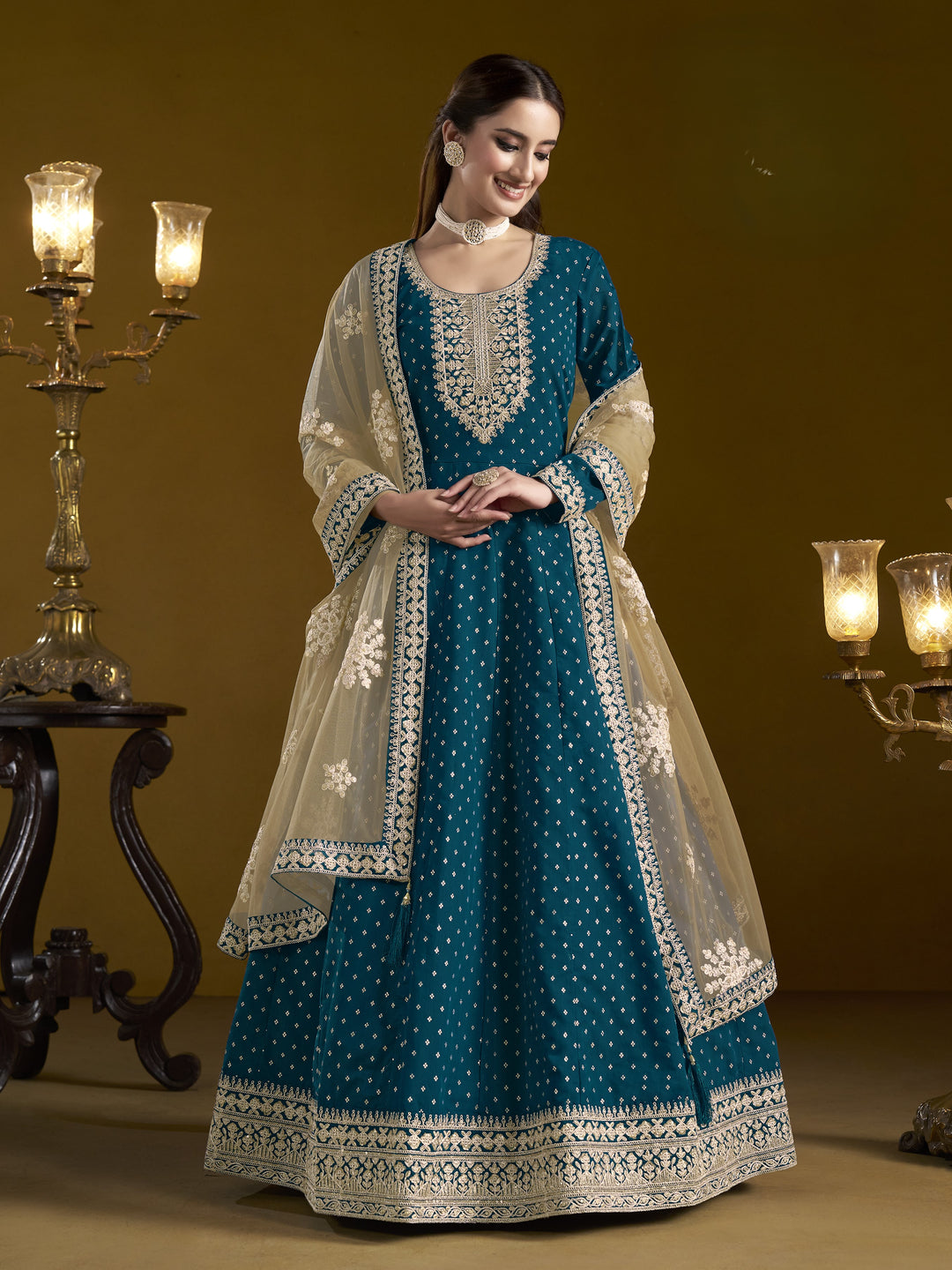 Teal Blue Color Chanderi Butti With Embroidery Work Anarkali Dress
