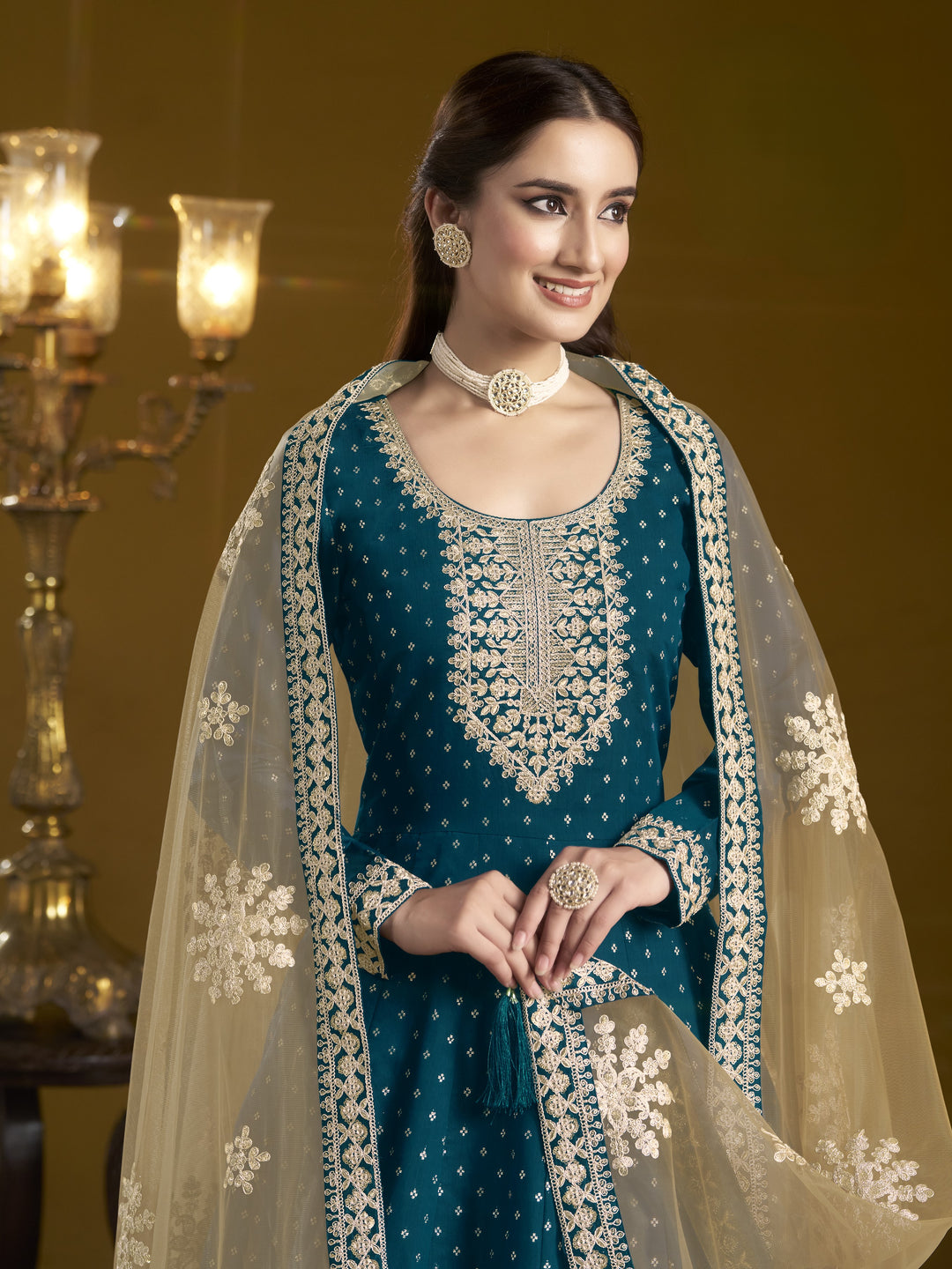 Teal Blue Color Chanderi Butti With Embroidery Work Anarkali Dress