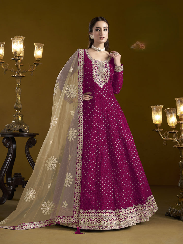 Pink Color Chanderi Butti With Embroidery Work Anarkali Dress