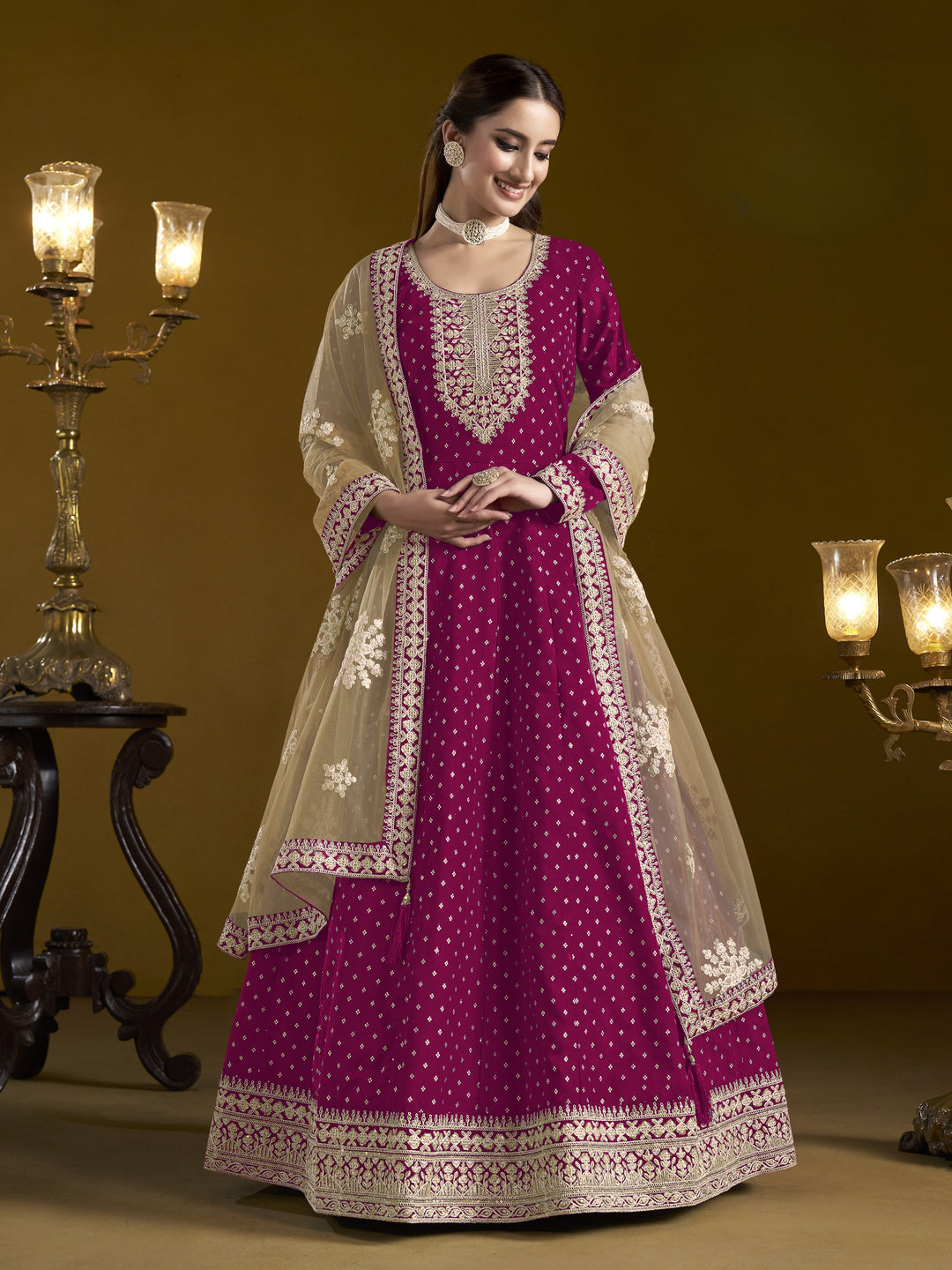 Pink Color Chanderi Butti With Embroidery Work Anarkali Dress