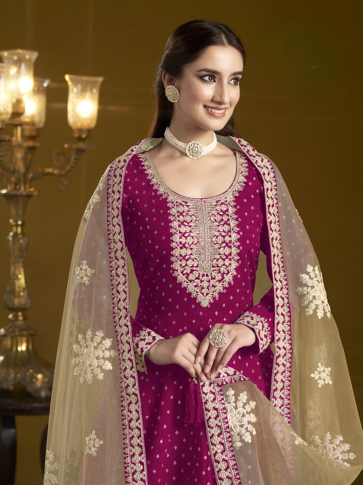 Pink Color Chanderi Butti With Embroidery Work Anarkali Dress