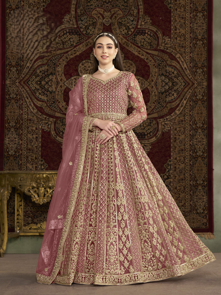 Pink Color Net Santool With Embroidery And Sequins Work Anarkali Dress