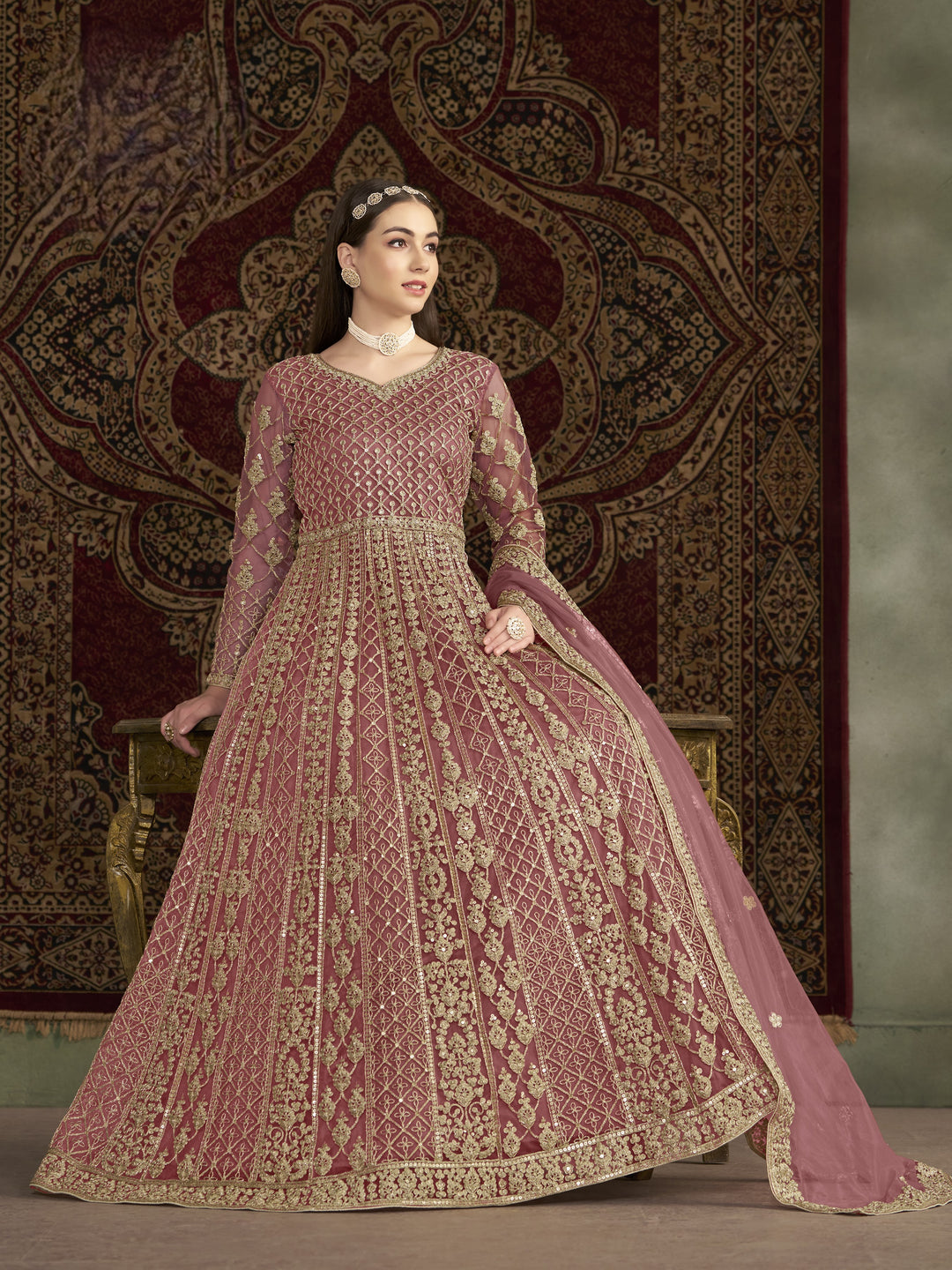 Pink Color Net Santool With Embroidery And Sequins Work Anarkali Dress