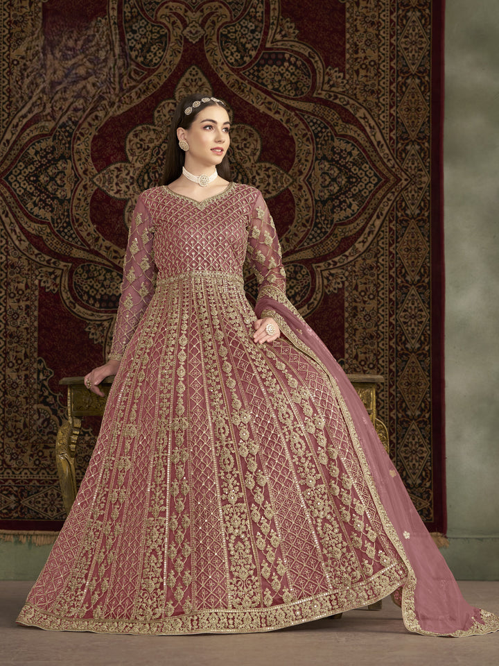 Pink Color Net Santool With Embroidery And Sequins Work Anarkali Dress