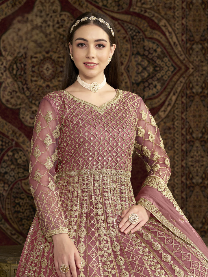 Pink Color Net Santool With Embroidery And Sequins Work Anarkali Dress