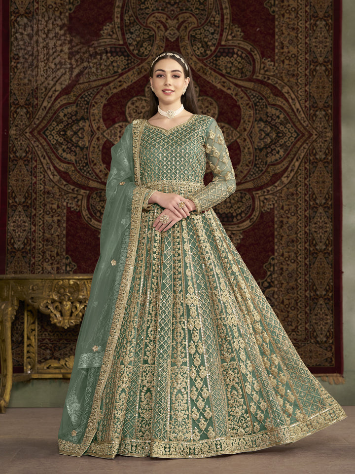 Green Color Net Santool With Embroidery And Sequins Work Anarkali Dress
