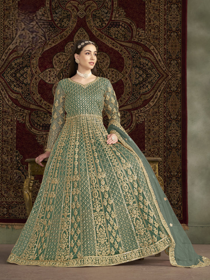 Green Color Net Santool With Embroidery And Sequins Work Anarkali Dress