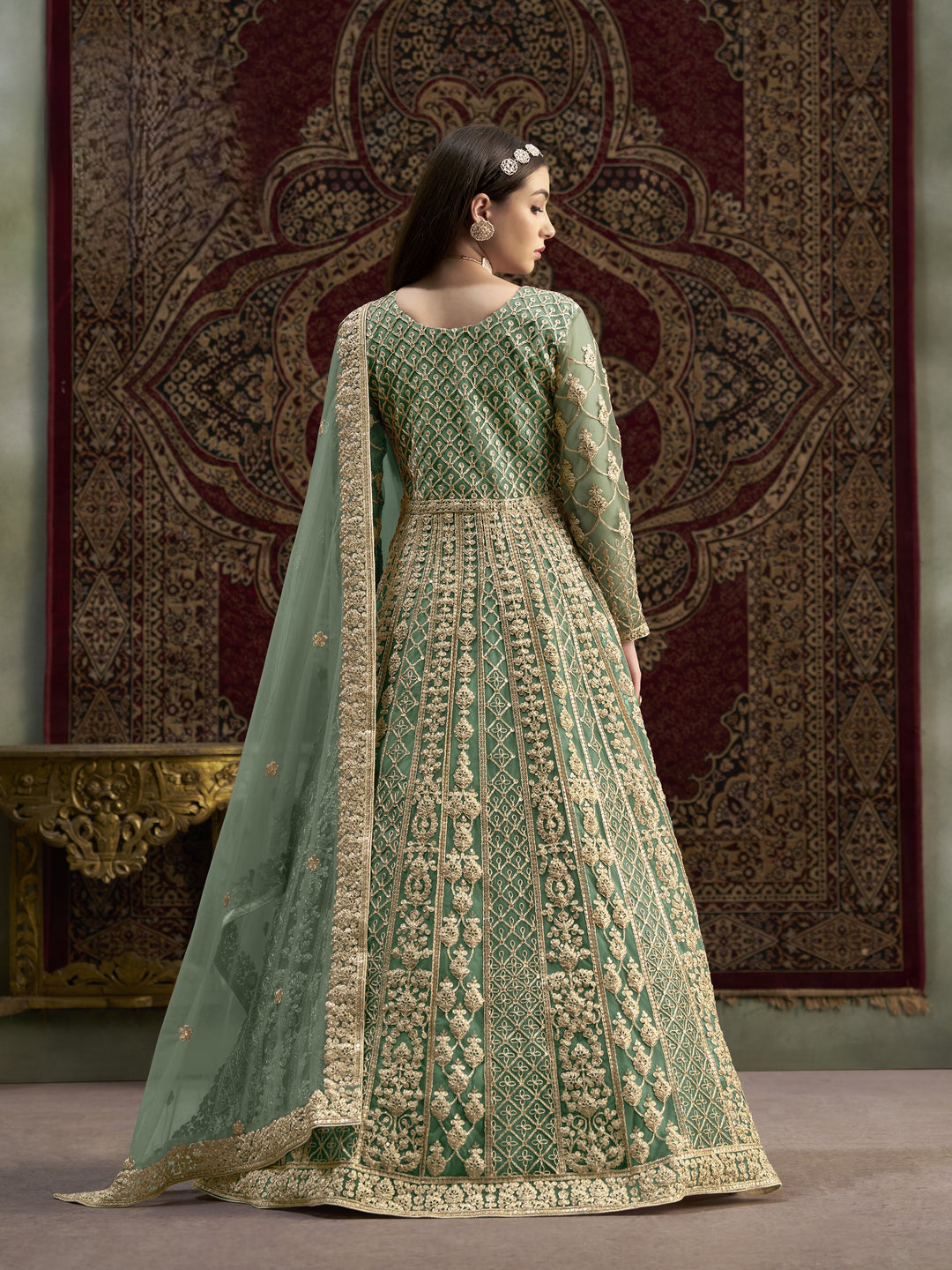 Green Color Net Santool With Embroidery And Sequins Work Anarkali Dress
