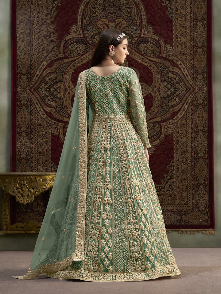 Green Color Net Santool With Embroidery And Sequins Work Anarkali Dress