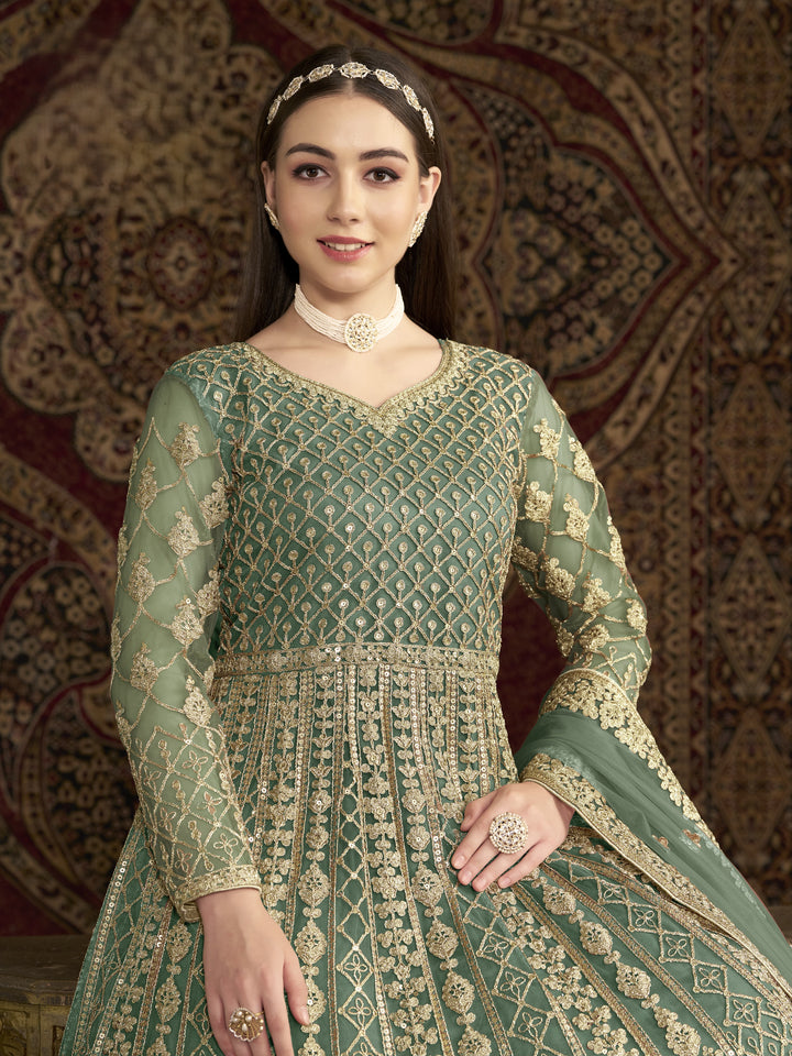 Green Color Net Santool With Embroidery And Sequins Work Anarkali Dress