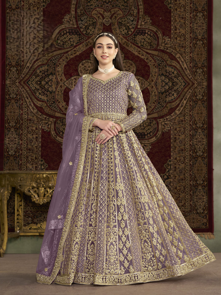 Purple Color Net Santool With Embroidery And Sequins Work Anarkali Dress